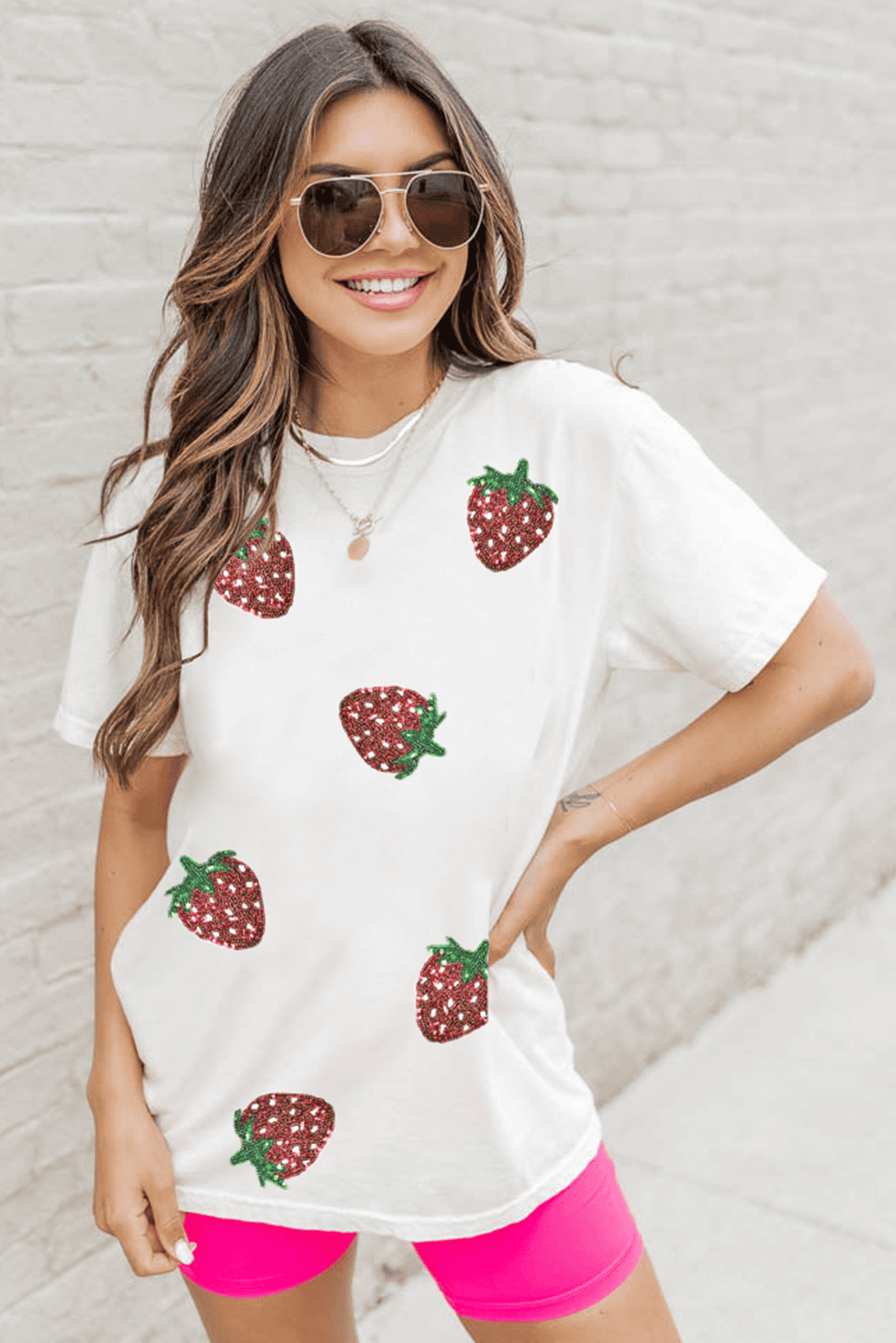 White Sequin Strawberry Patched Crew Neck T Shirt