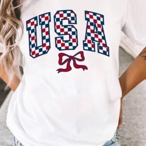 White Checkered Usa Graphic Casual Tee