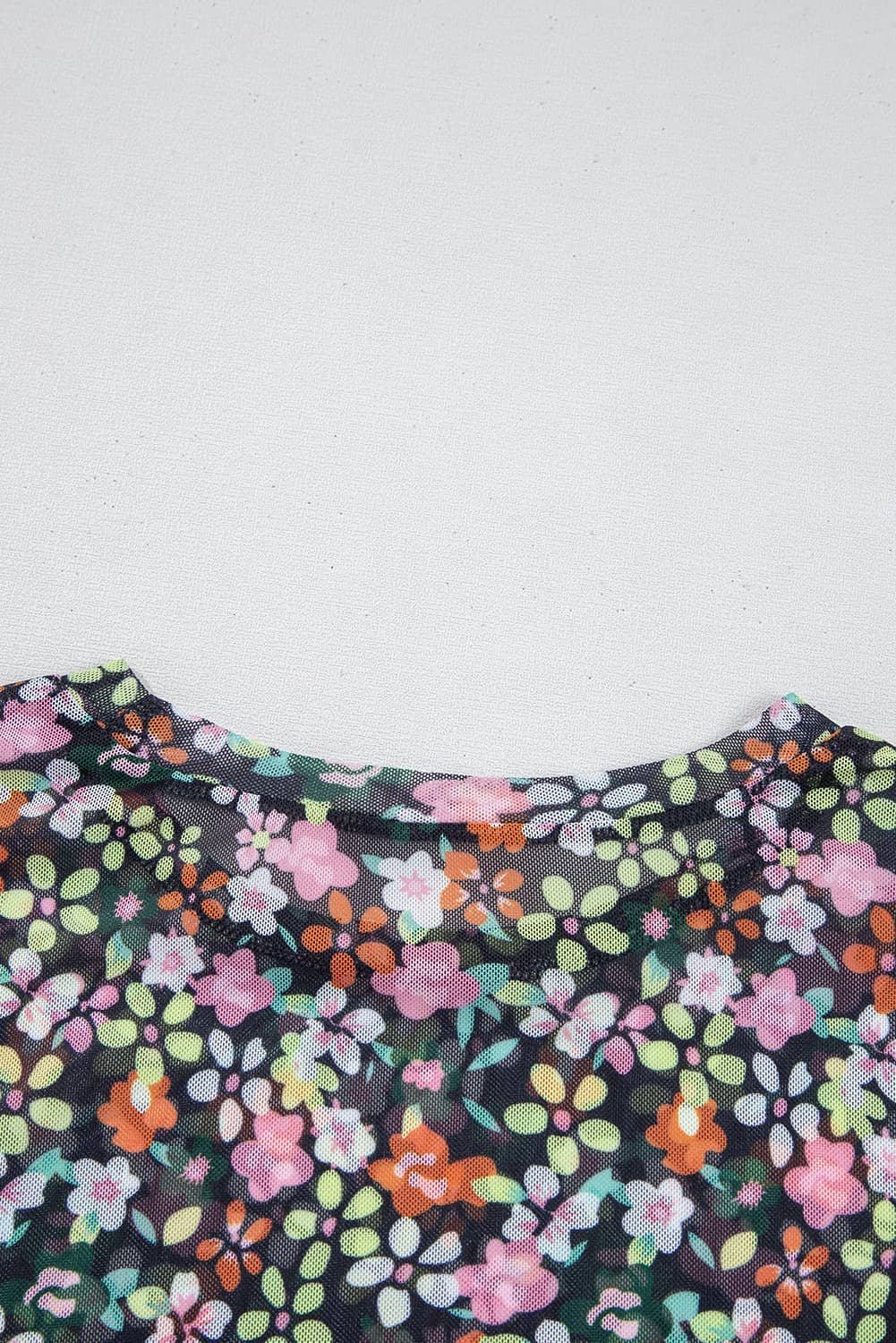 Black Sheer Floral Mesh Round Neck T Shirt