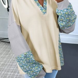 Beige Floral Striped Drop Sleeve Collared Boxy Fit Sweatshirt