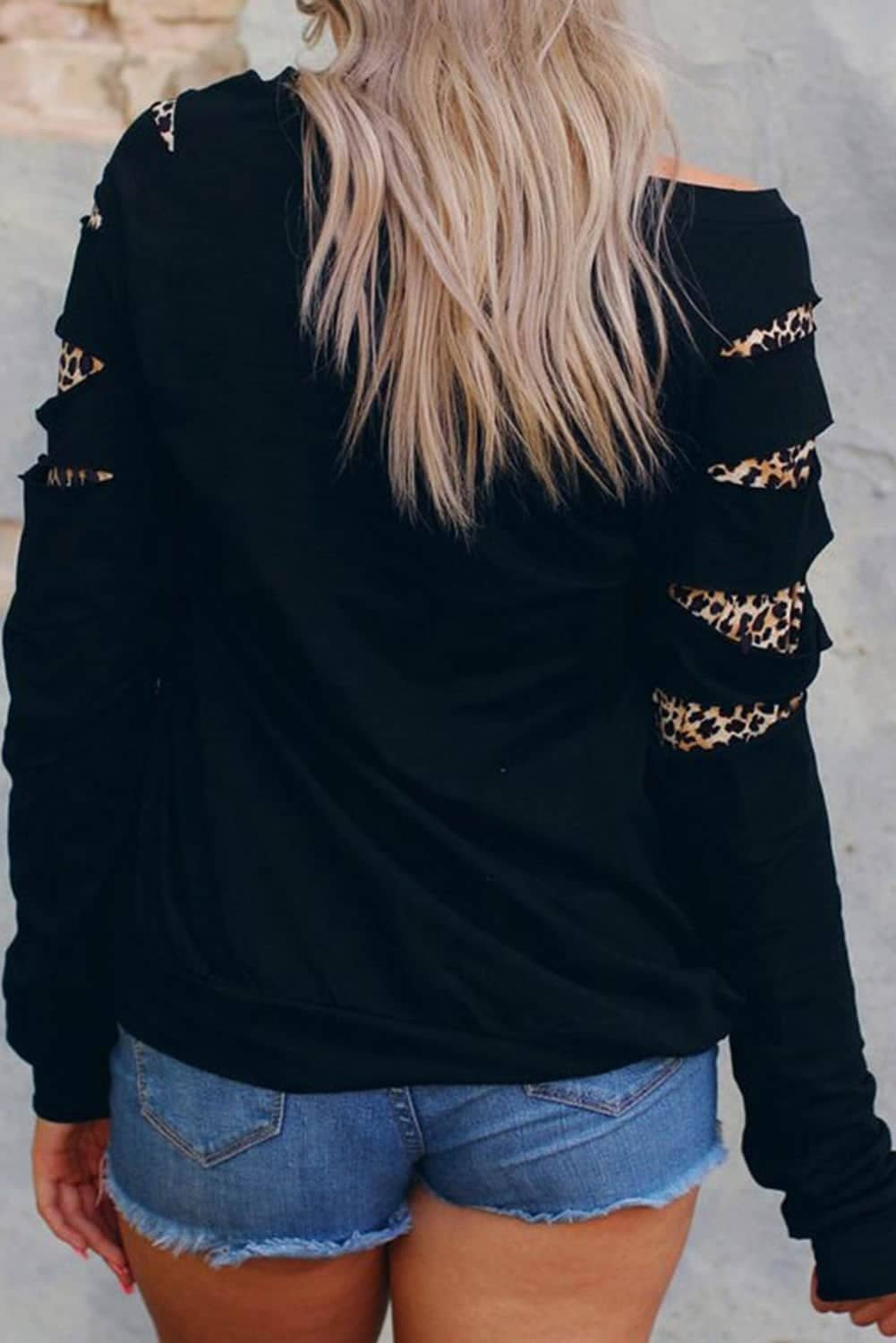 Black Leopard Pumpkin Season Graphic Ripped Sleeve Sweatshirt