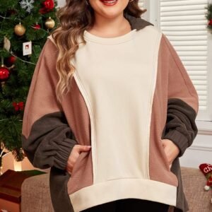 Brown Exposed Seam Colorblock Plus Size Hoodie