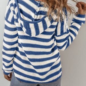 Blue Stripe V Neck Pocketed Drawstring Hooded Sweater