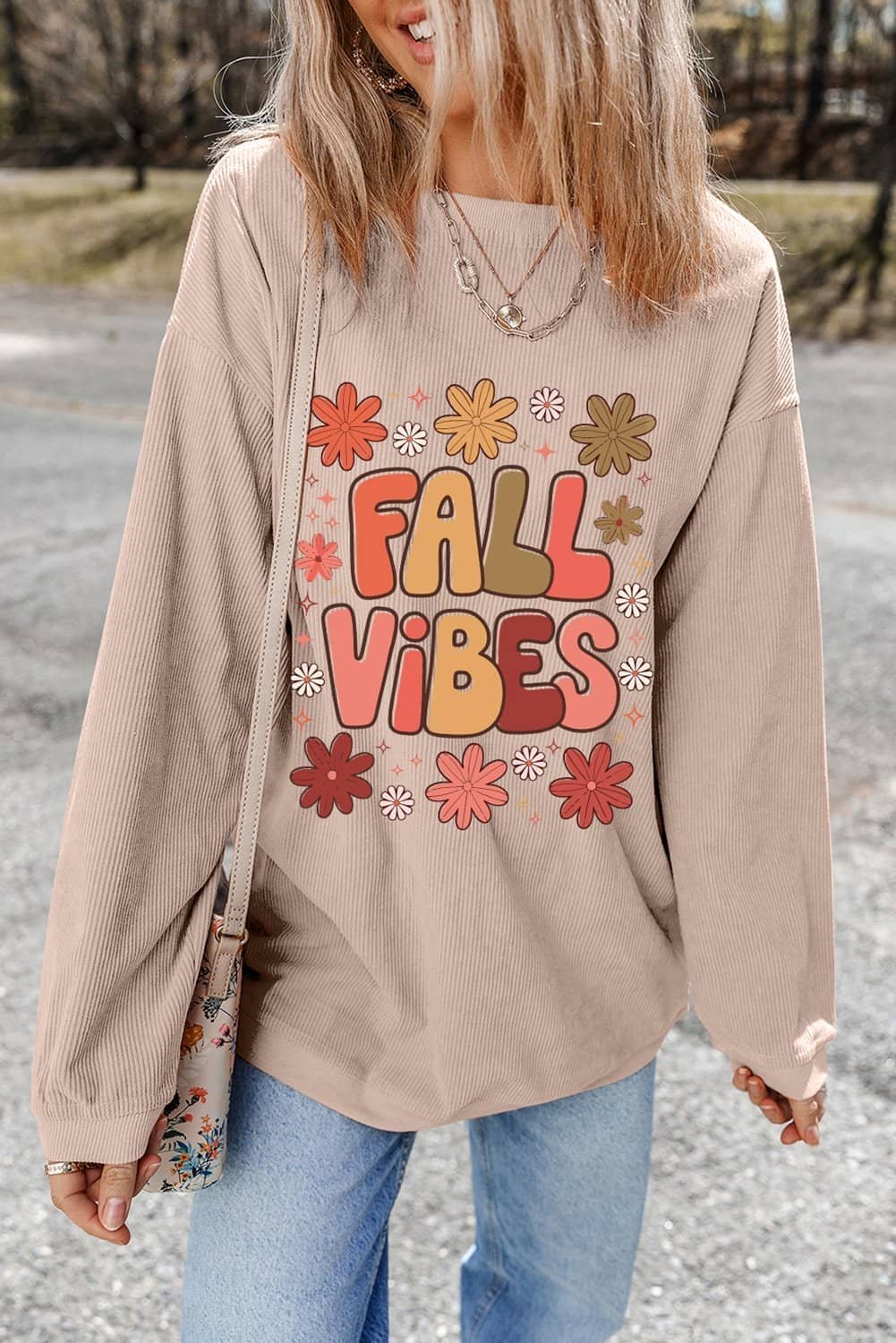 Apricot Twisted Rib Fall Vibe Graphic Baggy Sweatshirt