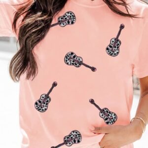 Pink Leopard Guitar Sequin Patch Crew Neck Tee