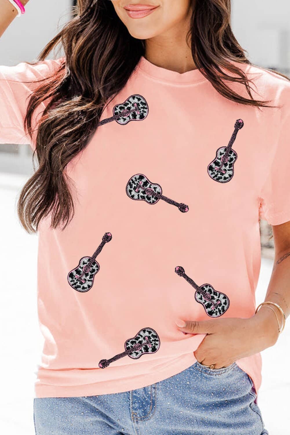 Pink Leopard Guitar Sequin Patch Crew Neck Tee
