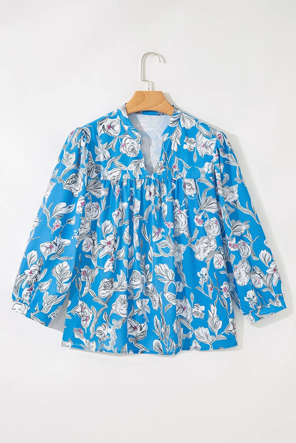 Sky Blue V Neck Floral Print 3/4 Puff Sleeve Blouse