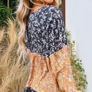 Blue Floral Color Block Patchwork Ruffled Hem Round Neck Blouse