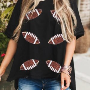 Black Sequin Rugby Football Patched Crewneck Loose T Shirt