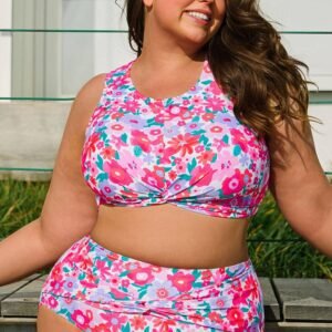 Rose Plus Size Floral Print Twisted High Waist Bikini Set