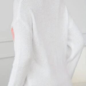 White Pearl Beaded Heart Pattern Fuzzy V Neck Sweater