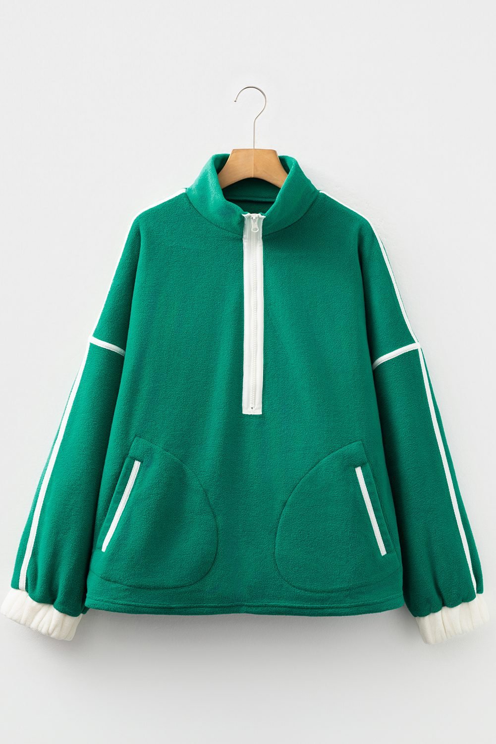 Dark Green Half Zip Contrast Trim Pocketed Plus Size Fleece Sweatshirt