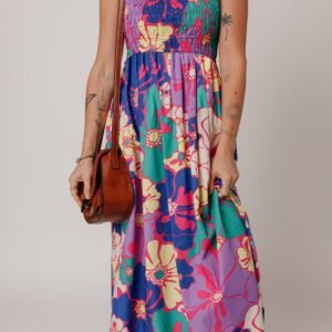 Purple Floral Print Shirred Spaghetti Strap Loose Maxi Dress