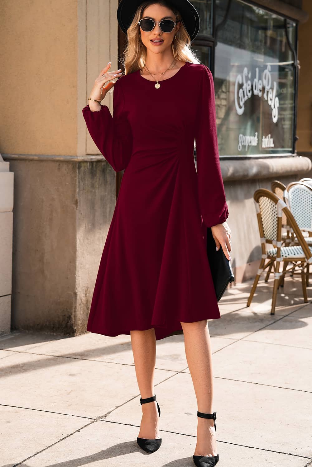 Burgundy Solid Color Ruched Detail Long Sleeve Midi Dress