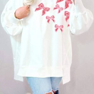 White Sequin Bowknot High Low Oversize Sweatshirt