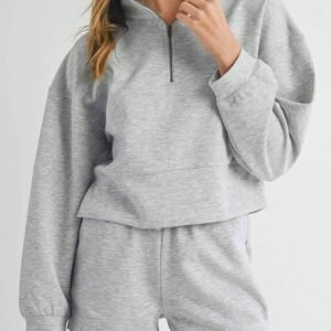 Light Grey Stand Neck Zipped Sweatshirt And Shorts Set