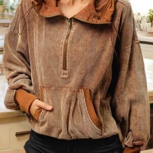 Chestnut Half Zipper Kangaroo Pocket Drawstring Corduroy Hoodie