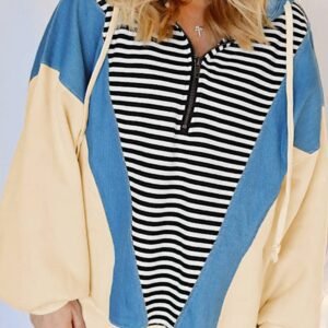 Black Stripe Denim Color Block Quarter Zip Baggy Drawstring Hoodie