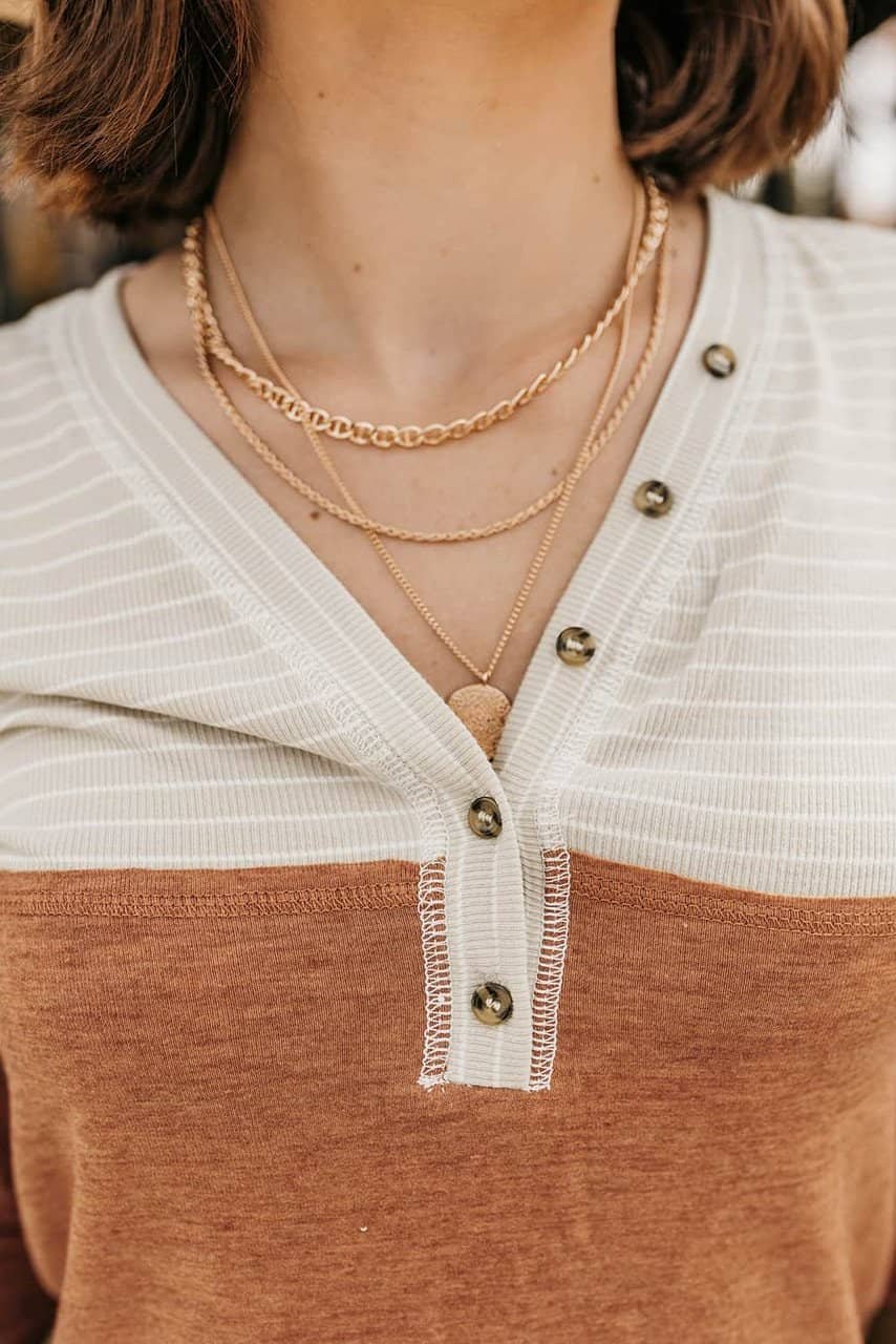 Orange Striped Color Block Henley Top