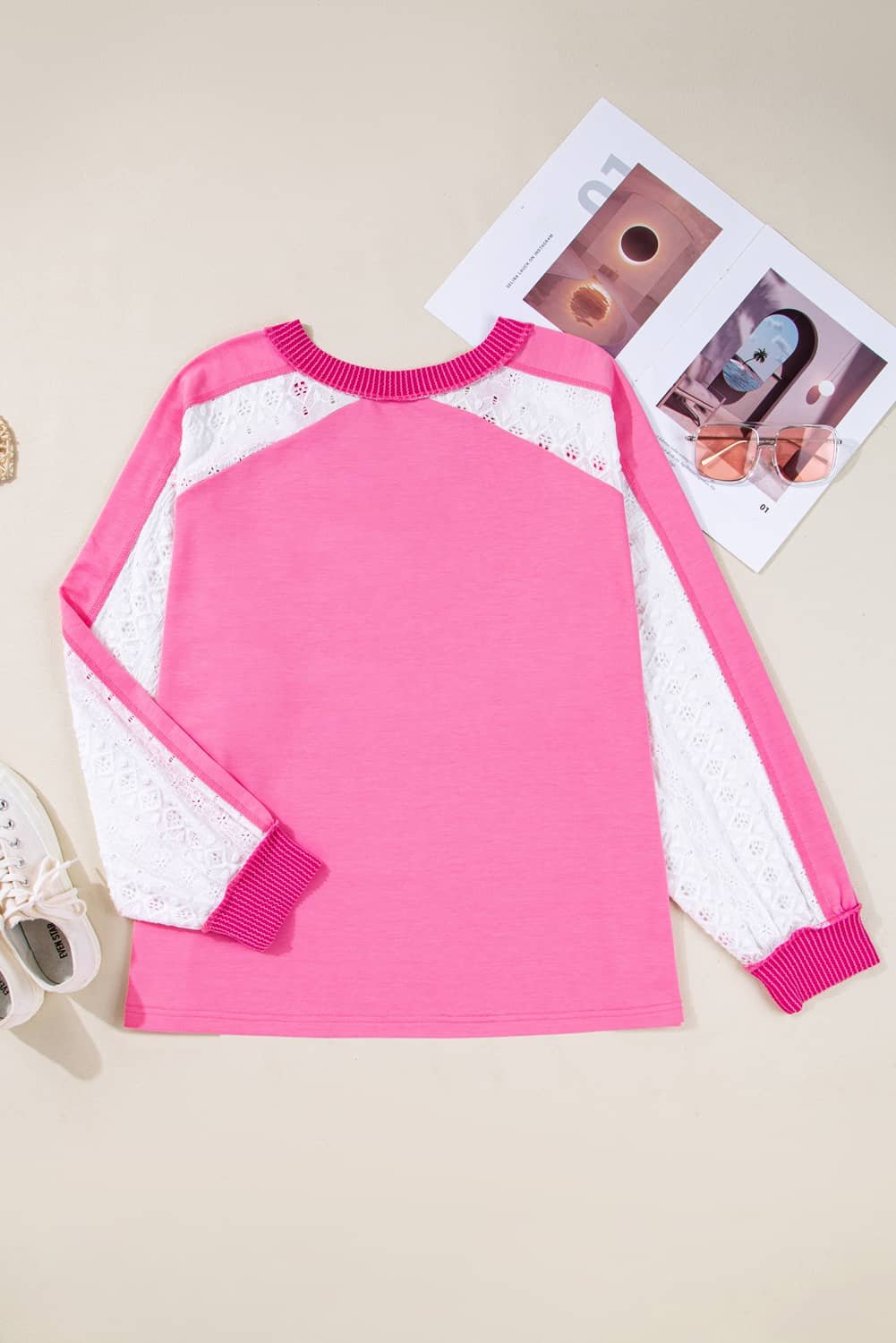 Bonbon Lace Striped Patchwork Long Sleeve Corded V Neck Plus Size Top