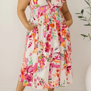 Pink Floral Print V Neck Ruffle Sleeve Plus Size Midi Dress