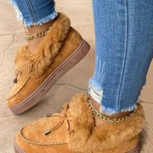 Brown Bow Decor Faux Suede Plush Lined Winter Flats