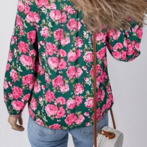 Green Floral Printed Tied Collar Puff Sleeve Blouse