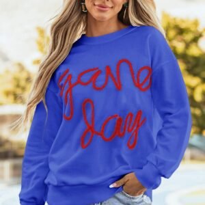 Dark Blue Tinsel Game Day Drop Shoulder Graphic Sweatshirt