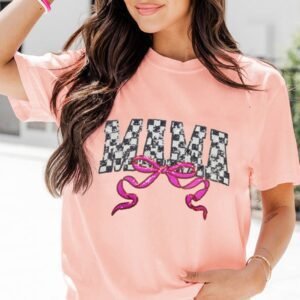 Pink Sequin Checkered Mama Bow Graphic T Shirt
