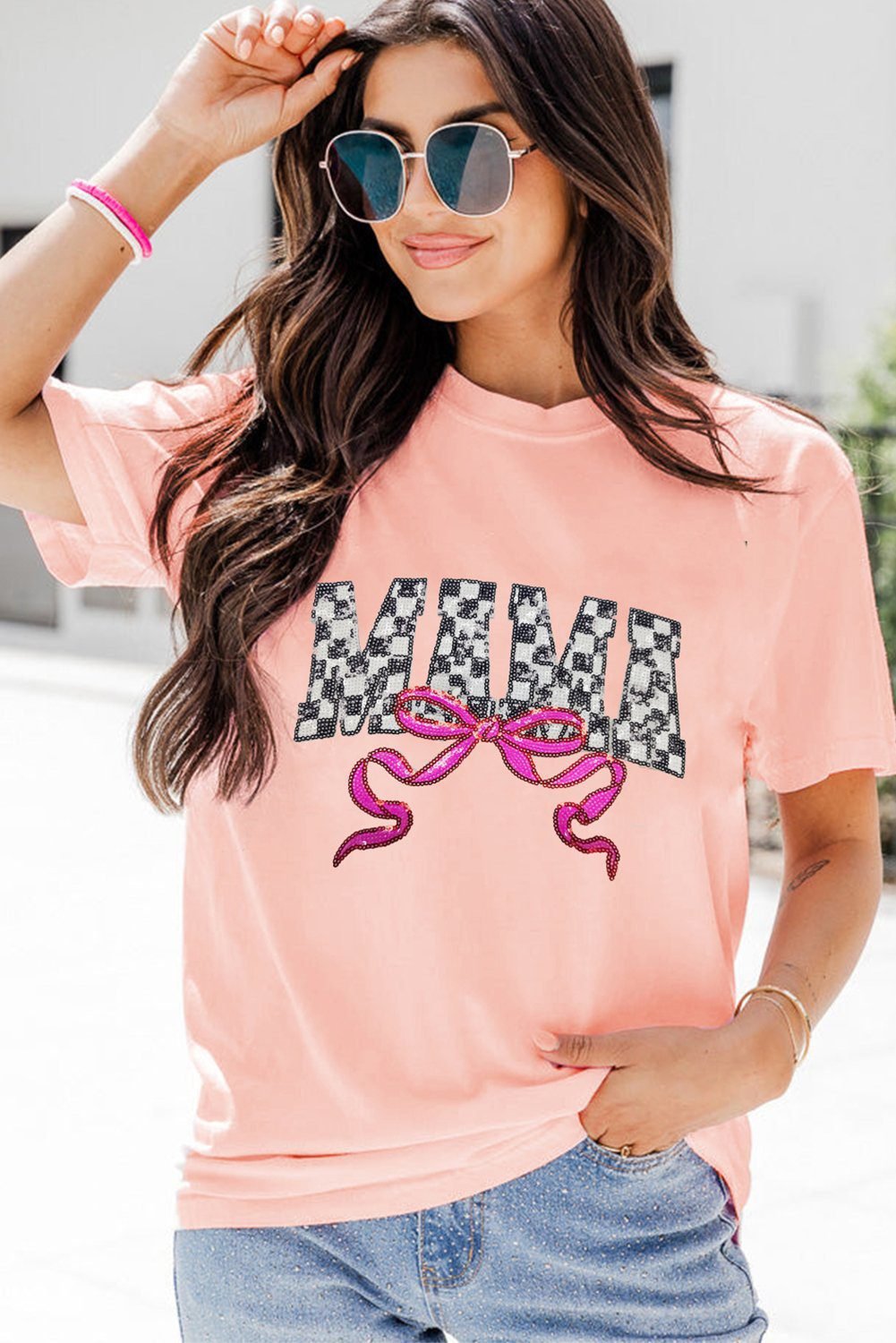 Pink Sequin Checkered Mama Bow Graphic T Shirt