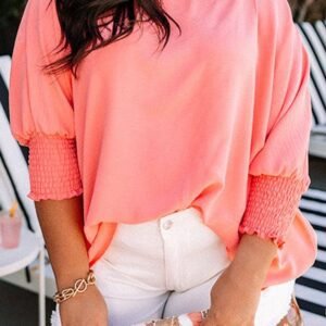 Blossom Shirred Cuffs Half Sleeve Plus Size Textured Blouse