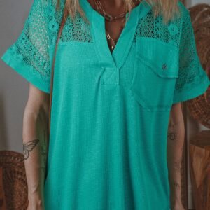 Sea Green Lace Patchwork Split Neck Textured Short Sleeve Blouse