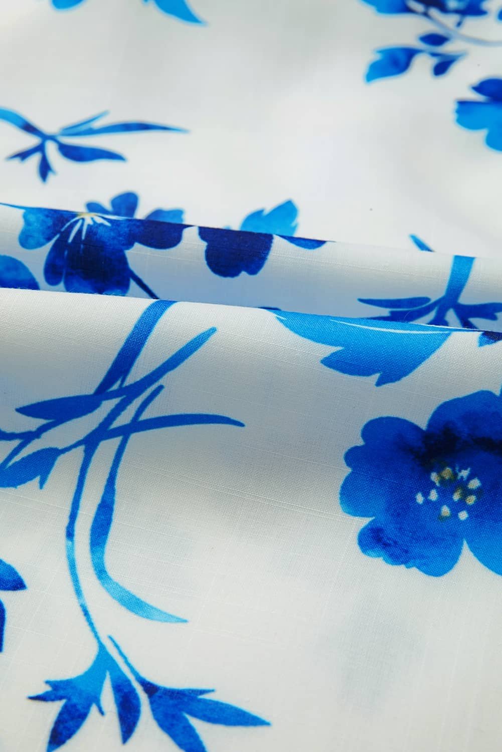 Blue Floral Long Sleeve Lace-Up V Neck Blouse