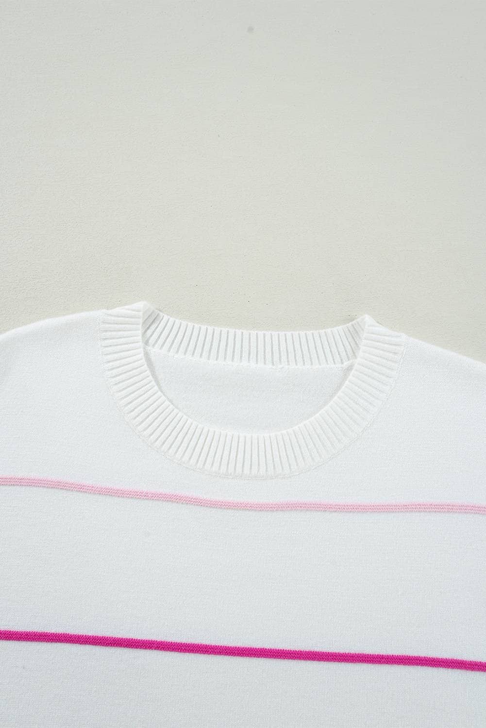 White Colorblock Striped Half Sleeve Drop Shoulder Sweater