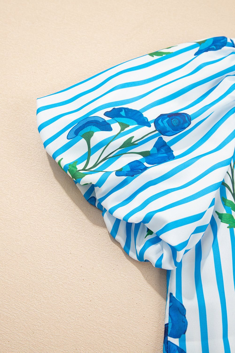 Sky Blue Stripe Floral Buttoned Frilly Notched Neck Puff Sleeve Summer Blouse