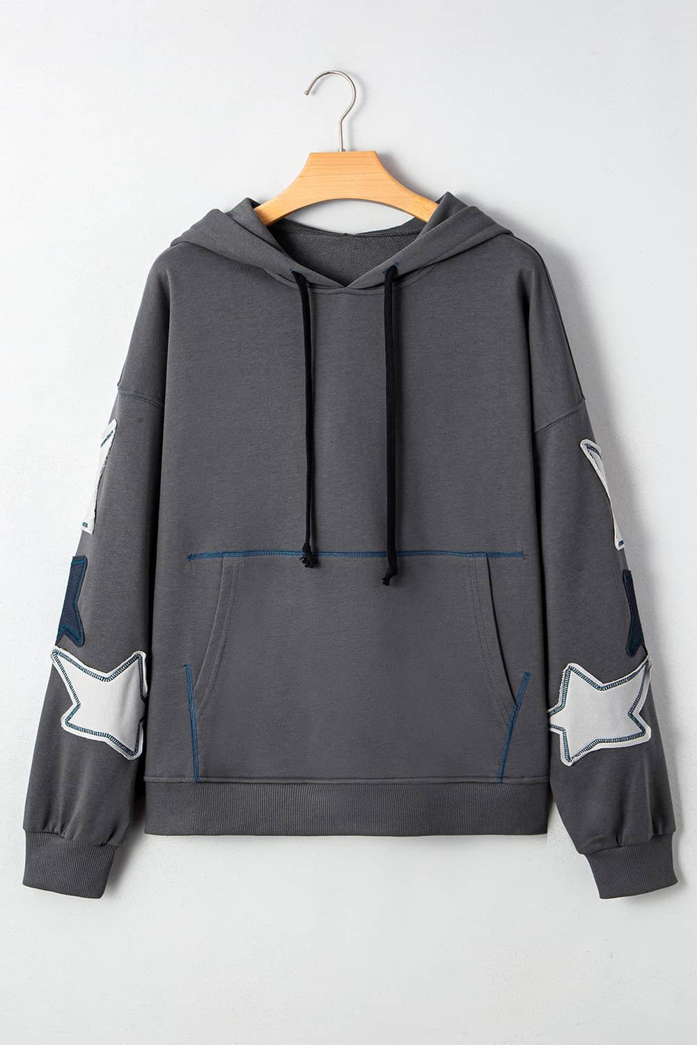 Carbon Grey Star Patchwork Contrast Stitching Mineral Wash Kangaroo Pocket Vintage Hoodie