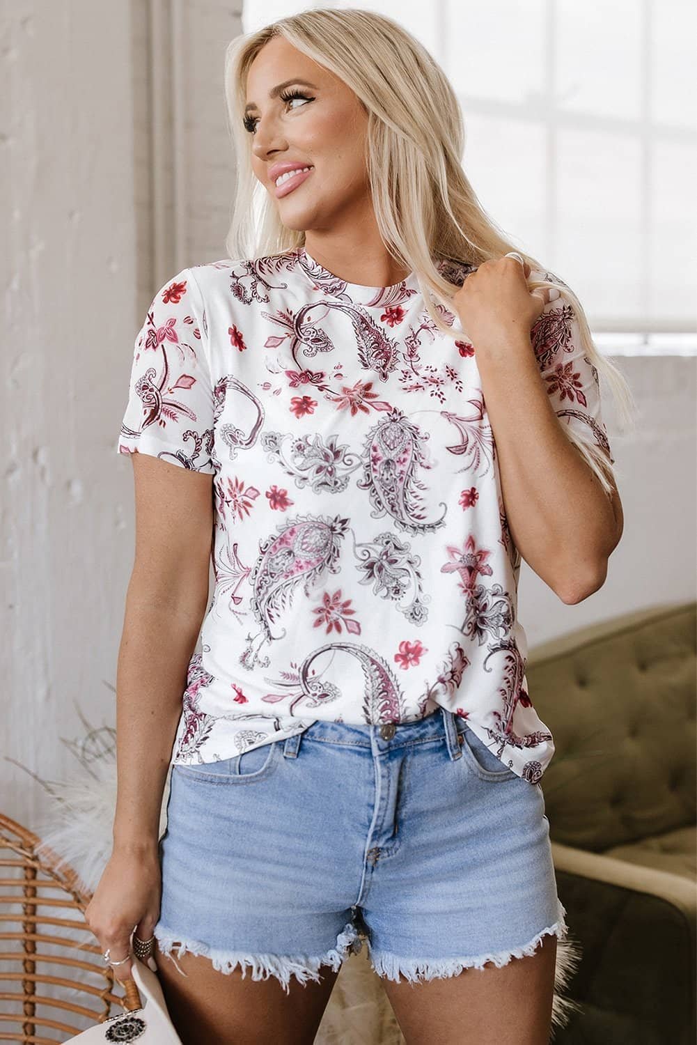 White Vintage Paisley Mock Neck T Shirt