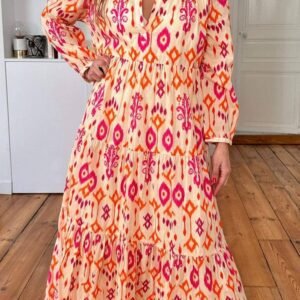 Orange Western Abstract Geometric Printed Maxi Dress