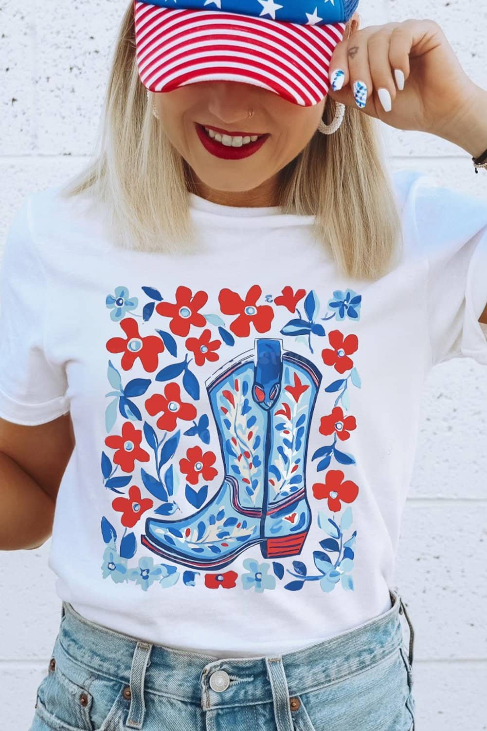 White Floral Western Boots Printed Cotton Blend T Shirt