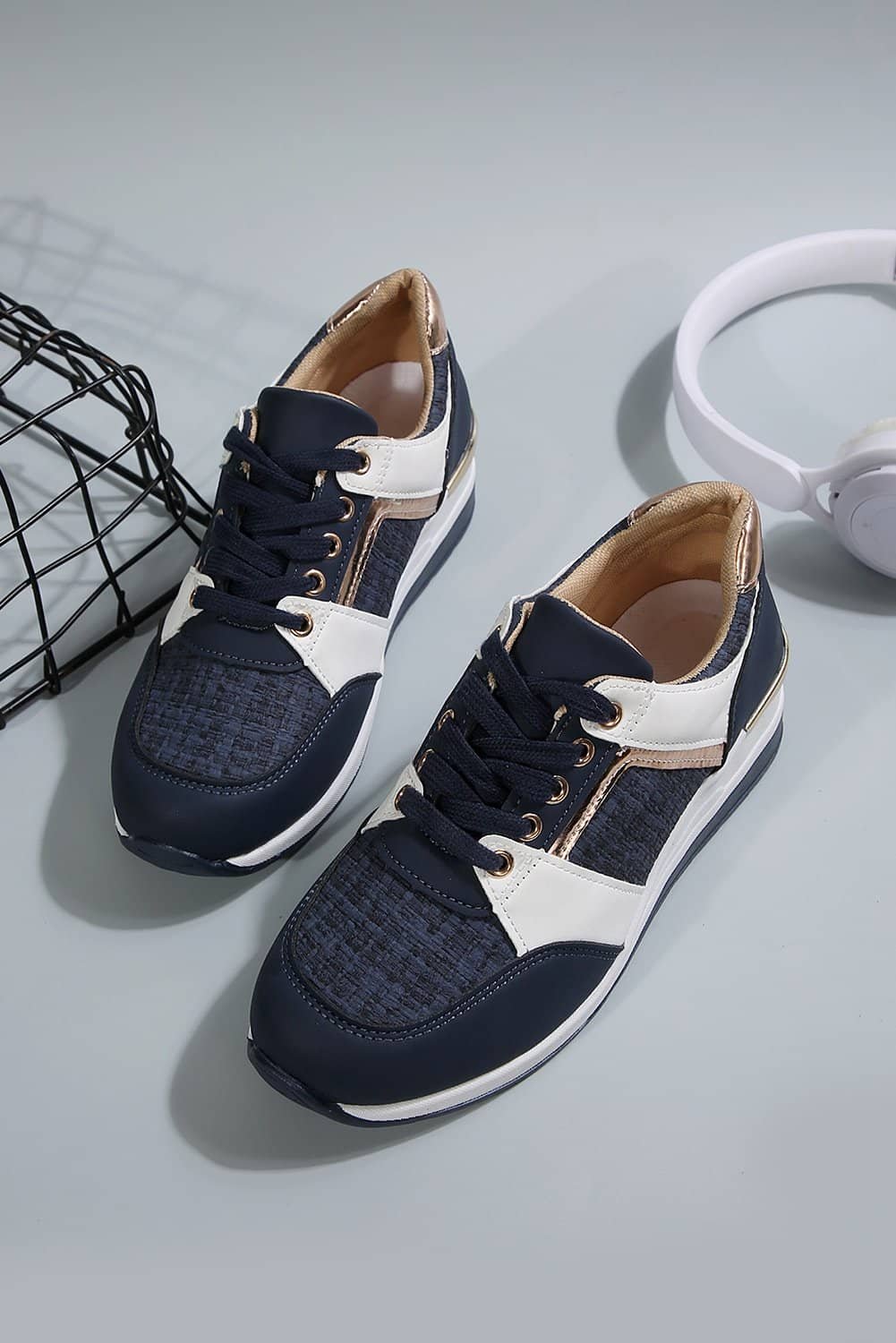 Sail Blue Glitter Patched Lace-Up Wedge Sneakers