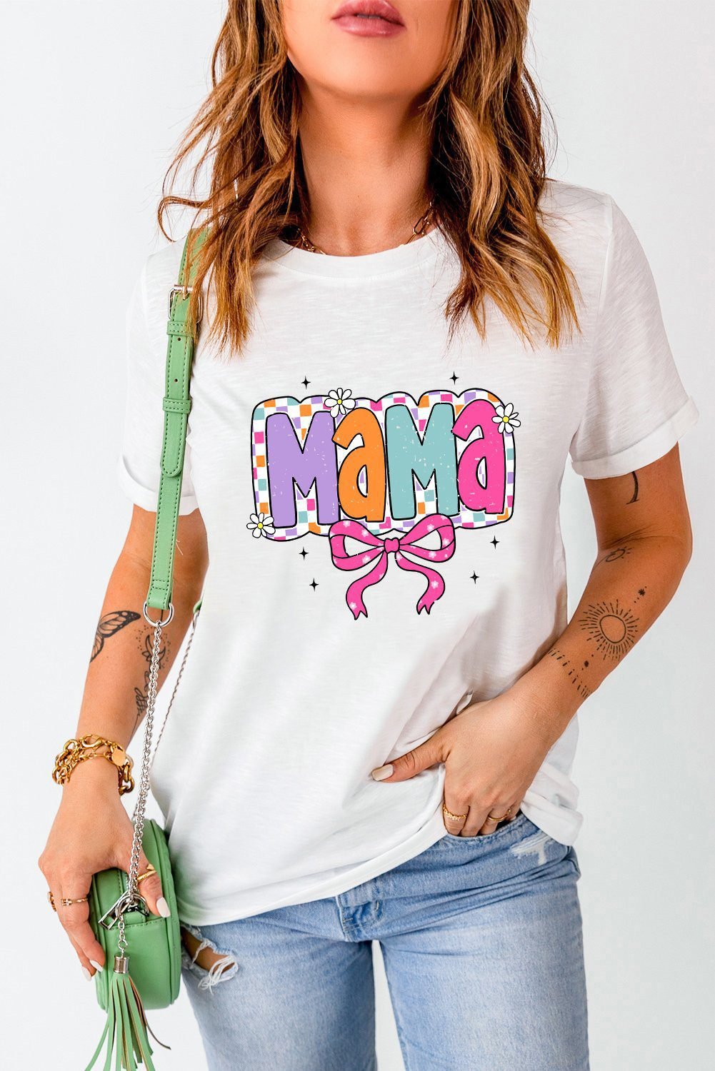 White Cute Mama Bow Graphic Crewneck T Shirt