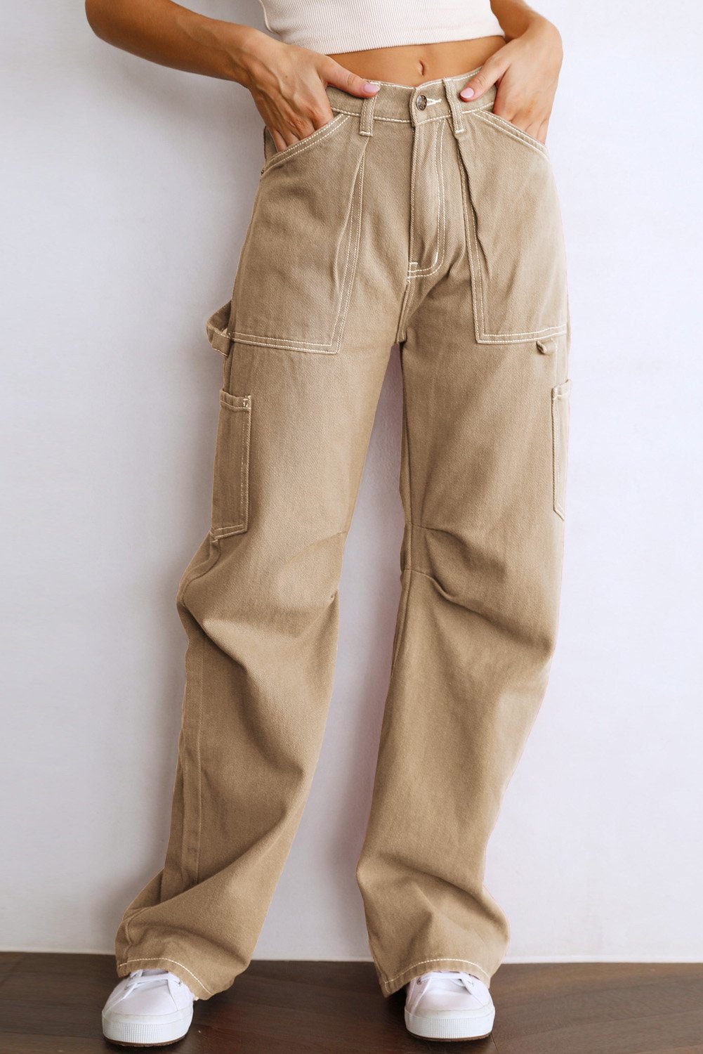 Khaki High Waist Straight Leg Cargo Pants With Pockets