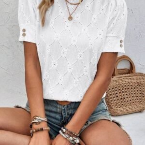 White Flower Geometric Textured Button Short Sleeve Top