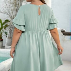 Grass Green Ruffle Trim Short Sleeve Plus Size Flared Mini Dress