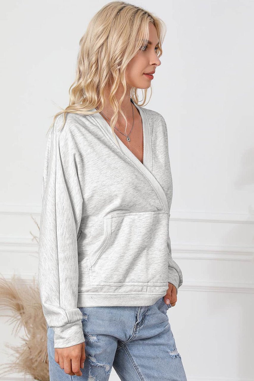 Gray Contrast Trim V Neck Wrap Sweatshirt With Pocket