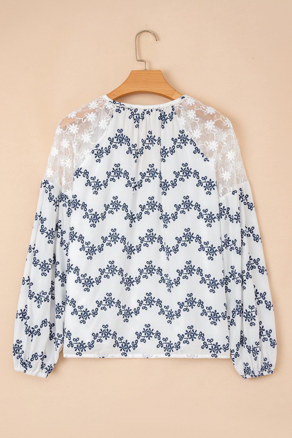 Blue Lace Patchwork Floral Bubble Sleeve V Split Neck Blouse