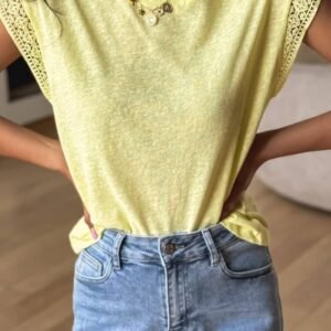 Yellow Cream Lace Patchwork Cap Sleeve Round Neck T Shirt