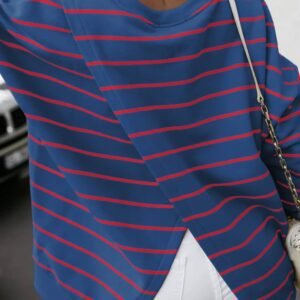 Blue Stripe Stylish Overlap Detail Drop Shoulder Pullover Sweatshirt