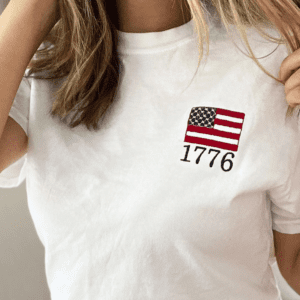 White American Flag 1776 Embroidered Pattern Crew Neck Tee
