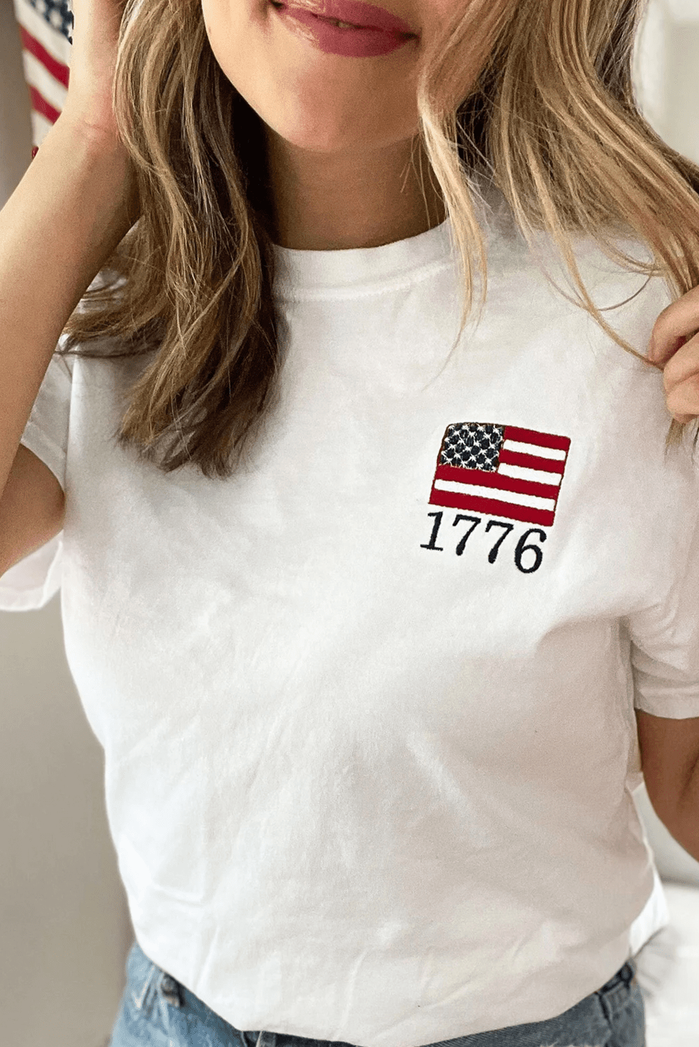 White American Flag 1776 Embroidered Pattern Crew Neck Tee